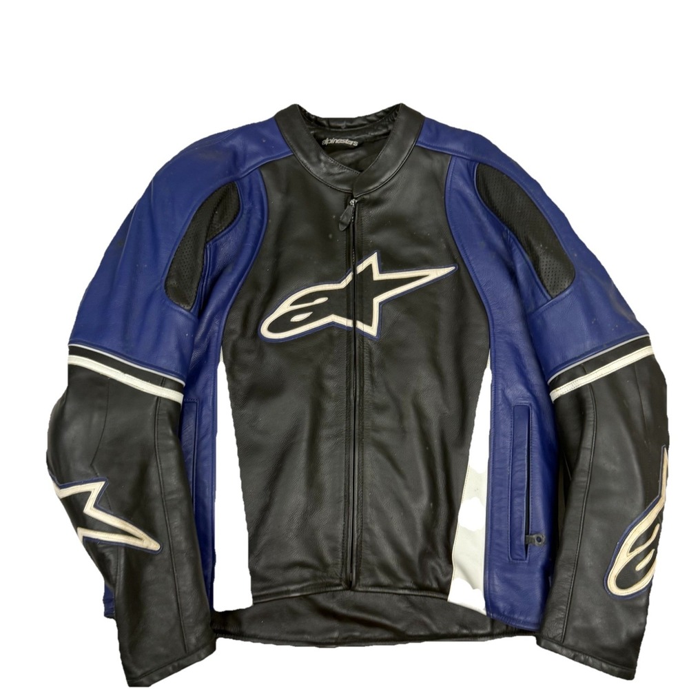 Alpinestars Leather Motorcycle Racing Jacket Blue Black USA 44 Padded Armor